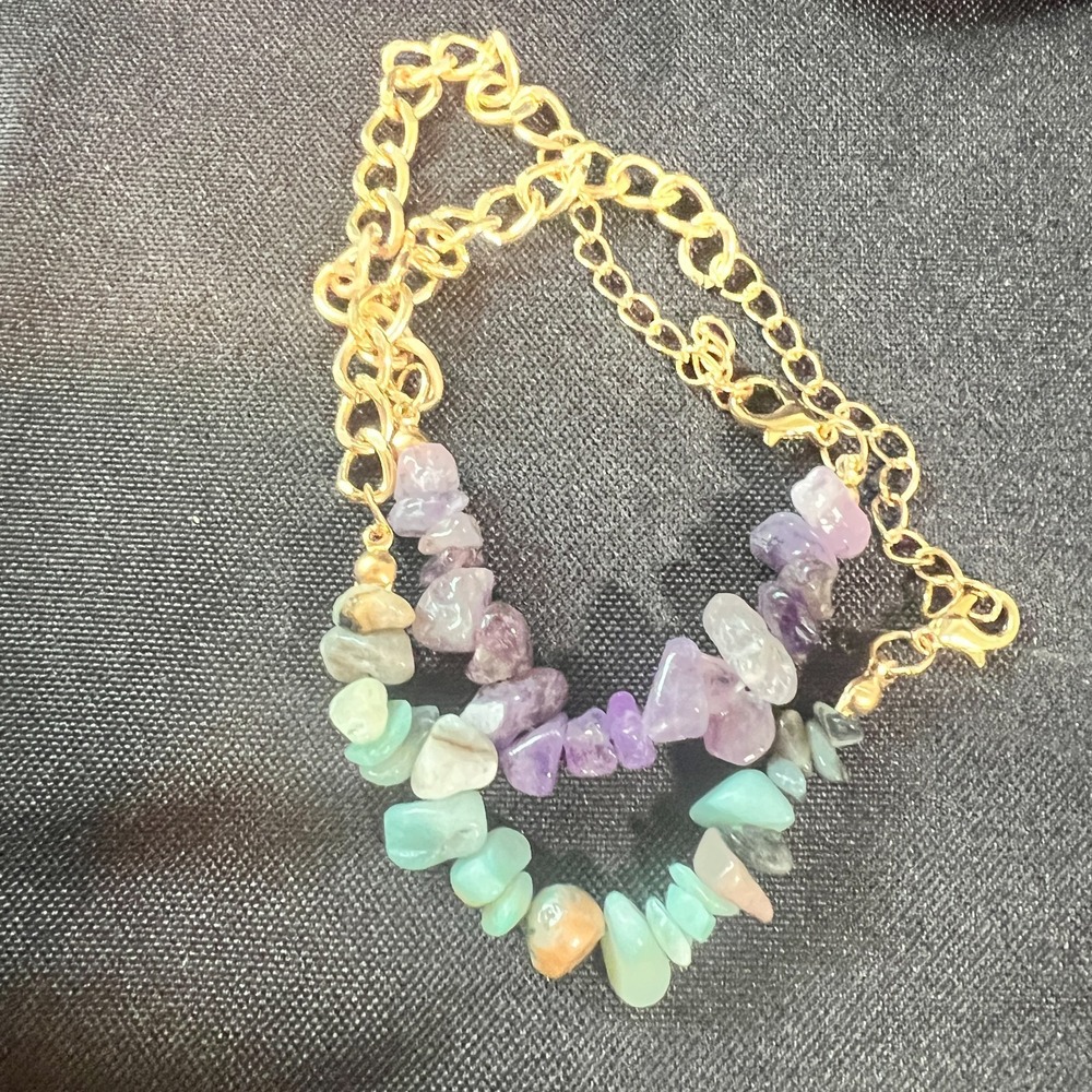 Set Of‎ 2 Chip Stone Bracelets Green Purple Gold Boho Style Color Pop Fun Y2K